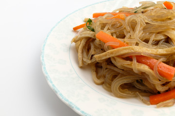 Japchae fried with soy sauce and vegetables and vermicelli