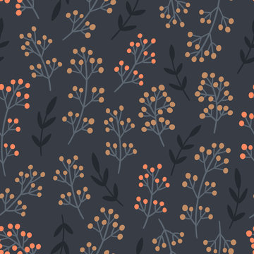 Decorative hand drawn berries seamless pattern with leaves branches for print, textile, wallpaper. Trendy botanical background.