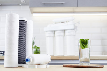 A glass of clean water and filter cartridges on the home kitchen background