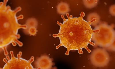 corona virus 2019-ncov flu outbreak, microscopic view of floating influenza virus cells, SARS pandemic risk concept, 3D rendering background, yellow and orange colors
