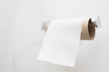 Tissue Empty, Last pad out of toilet paper roll on white wall in public restroom.  
