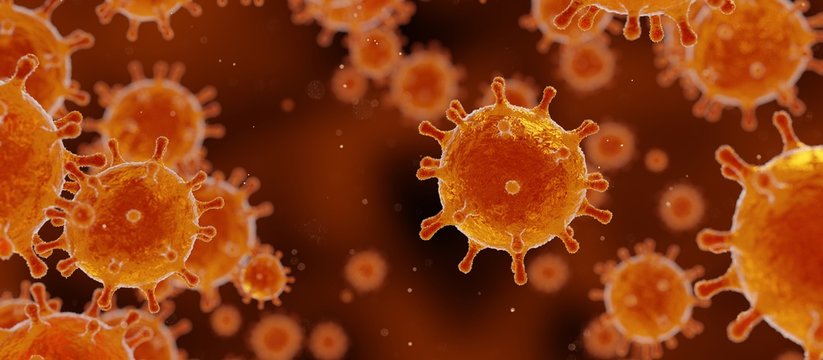 corona virus 2019-ncov banner illustration, SARS pandemic risk concept, microscopic view of floating influenza virus cells, 3D rendering
