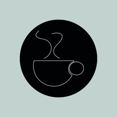 Cup of hot coffee with smoke coming out of the cup in a black circle on a gray background.