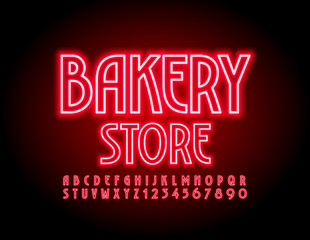 Vector red neon logo Bakery Store with electric Font in retro style. Trendy glowing Alphabet Letters and Numbers