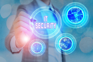 Word writing text It Security. Business photo showcasing protection of data or digital asset against unauthorized access Elements of this image furnished by NASA