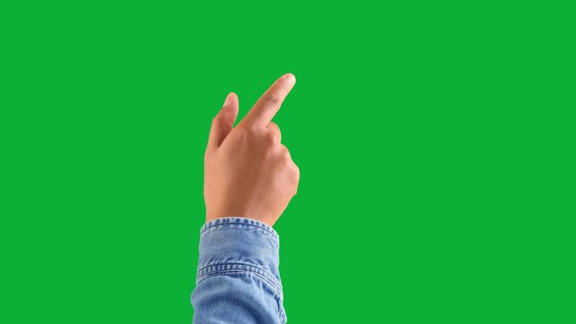 male hand makes a swipe to the right with one index finger forefinger gesture on white. one click keying on chromakey