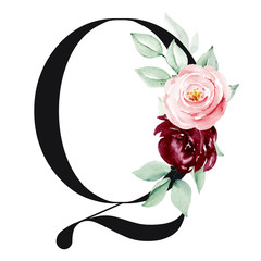 Letter q, monogram with watercolor flowers roses arrangement. Letterhead perfectly for personalization design. Floral alphabet hand painting. Isolated on white.