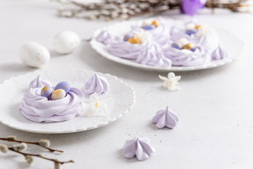Fototapeta na wymiar Easter bird nest meringue cookies - lilac mini Pavlova desserts with pastel candy eggs in nest shape for Easter holiday party. Side view, close up. Confectionery, bakery concept, greeting card
