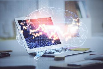 Double exposure of work table with computer and brain sketch hologram. Brainstorming concept.