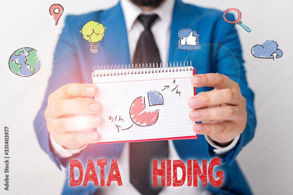 Poster word writing text data hiding. business photo showcasing secretly embedding data in graphics images 