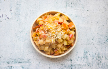 Cooked or baked apples and bananas sweet dessert, no sugar. Vegan, vegetarian healthy eating diet