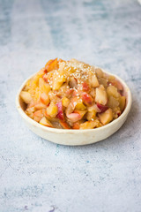 Cooked or baked apples and bananas sweet dessert, no sugar. Vegan, vegetarian healthy eating diet