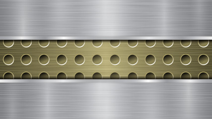 Background of golden perforated metallic surface with holes and two silver horizontal polished plates with a metal texture, glares and shiny edges