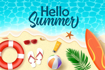 Fototapeta na wymiar Hello summer vector banner design. Hello summer text in sea water with beach element like surf board, lifebuoy, sunscreen, beach ball, and sunglasses in seaside background for holiday season. 