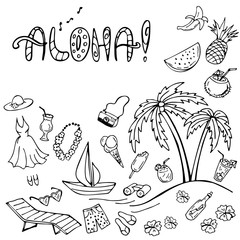 Set of summer doodles isolated on white. Lettering Aloha! Travel and vacation emblems and symbols. Vector illustration. Perfect for greeting card, postcard, print, coloring book.