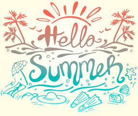 Hand drawn colorful lettering Hello Summer against the sunset on yellow background. Vector illustration. Perfect for greeting card, postcard, print, banner.
