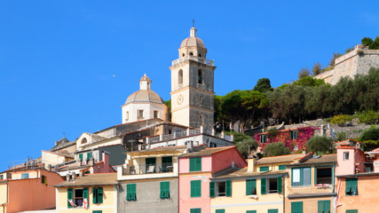 apartment colored old buildings and historical church in porto venere village in italy