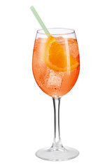 Aperol Spritz cocktail with a slice of orange, ice cubes and a green straw is contained in a high glass on the long stem. The bright illustrative picture is made on the white background.