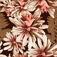 Tropical plants seamless pattern, colored flowers.