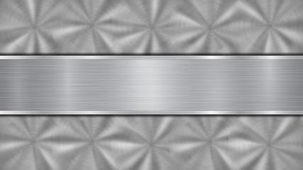 Background in silver and gray colors, consisting of a shiny metallic surface and one horizontal polished plate located centrally, with a metal texture, glares and burnished edges