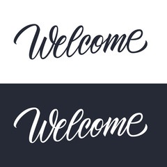 Welcome inscription. Hand drawn lettering. Handwritten design element. Vector illustration.