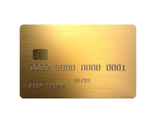 Empty Textured Golden Credit Card Isolated on White Background. Realistic 3D Mockup.