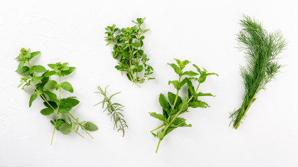 Variety fresh edible herbs on white background. Top view, flatlay, close-up.