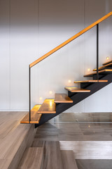 Stairway lights bulb for illumination as safety protection wooden stairs architecture interior...