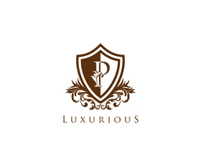 Fototapeta premium Vintage Letter P Logo. Shield P Letter Design Vector with shield shaper and Floral Hand Drawn.