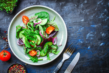 Healthy salad, leaves mix salad (mix micro greens, cucumber, tomato, onion, other ingredients). keto or paleo diet top concept, food background copy space for text