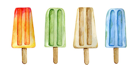 Watercolor illustration of juicy ice creams on wooden stick