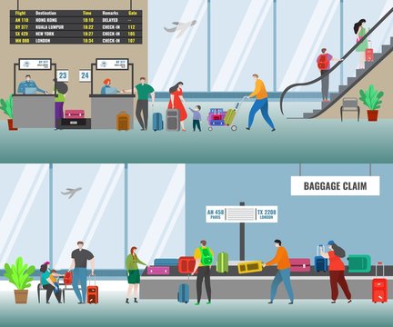 Airport vector illustration with airline flight check in desk and people at baggage claim area. Terminal of the airport. Passengers travel by airplane. Departure shedule display. Luggage registration