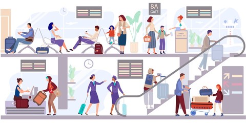 Departure people lounge at the airport terminal vector illustration. Passengers check in the baggage and wait to depart near gate. Stewardess goes up the escalator to the aircraft. People seat, await