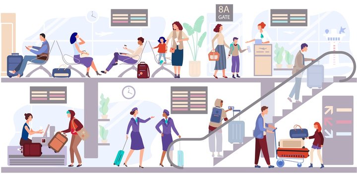 Departure people lounge at the airport terminal vector illustration. Passengers check in the baggage and wait to depart near gate. Stewardess goes up the escalator to the aircraft. People seat, await