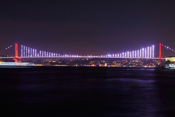 Bosphorus Bridge (15th July Martyrs Bridge) in Istanbul, Turkey, panoramic view at night