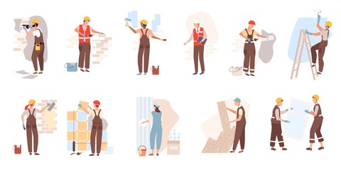Building worker person in helmets construction builds, lay tiles, bricks, laminate, glass window on building vector illustration isolated on white. Builder people and brush, wallpaper, roller, bucket