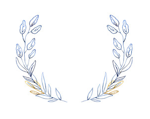 Wreath - hand painted watercolor illustration in deep blue and gold shades