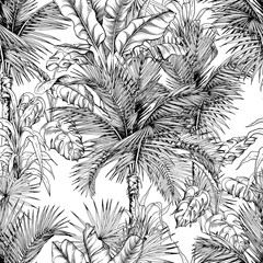 Black and white seamless pattern with sketchy tropical palm foliage.
