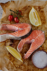 Salmon with ingredient on the light table