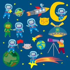Cat looking through telescope comet on sky, standing on planet isolated on cosmic spaced vector illustration. Kitten in uniform spacesuit walk in space, sitting in rocket, spaceship, on moon, stars.