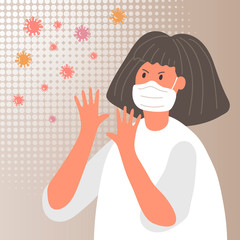Masked woman, coronavirus, infectious banner vector illustration