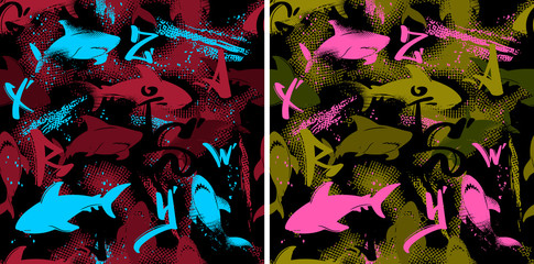 Abstract seamless underwater pattern for girls, boys, clothes. Creative background with sharks. Funny wallpaper for textile and fabric. Fashion style. Colorful bright
