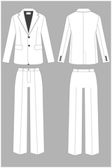 Classic business suit for women and men. Jacket and trousers. Set of color unisex suits. Rear, front view. Clothing in business style. Dress-coat. Business attire. Uniform. Vector illustration