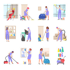 Young cleaner man, women work of clean with brush, rag on hand drawn vector illustration isolated on white. People cleaning widows, vacuuming, washed floor, detergent kit, throw garbage in container.
