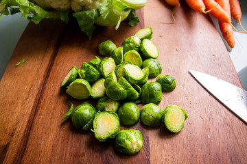 close up of brussel sprouts on table in kitchen