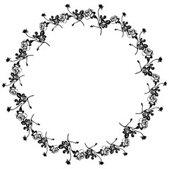 Black and white illustration of a round wreath of roses. Isolated vector object.