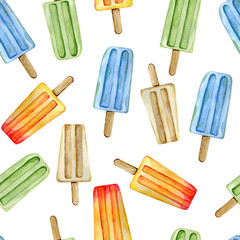 Watercolor illustration of juicy ice creams on wooden stick