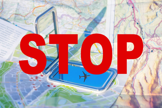 Flight travel, vacation, Go on an adventure concept. Air plane against the blue sky reflected in the mirror on the maps and tourist booklets background