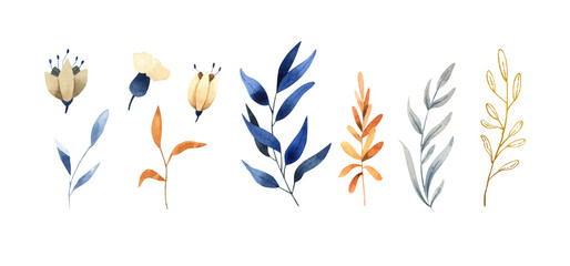 Hand painted watercolor illustration - classic blue and gold leaves