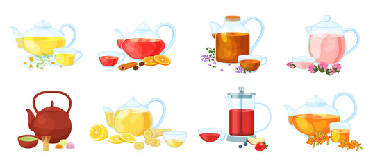 Healthy herbal nature different tea with vitamin fruits, medical flowers, herbs in cup, teapots on vector illustration isolated on white. Lemon, cinnamon, rose, apple, cranberry, strawberry, candy